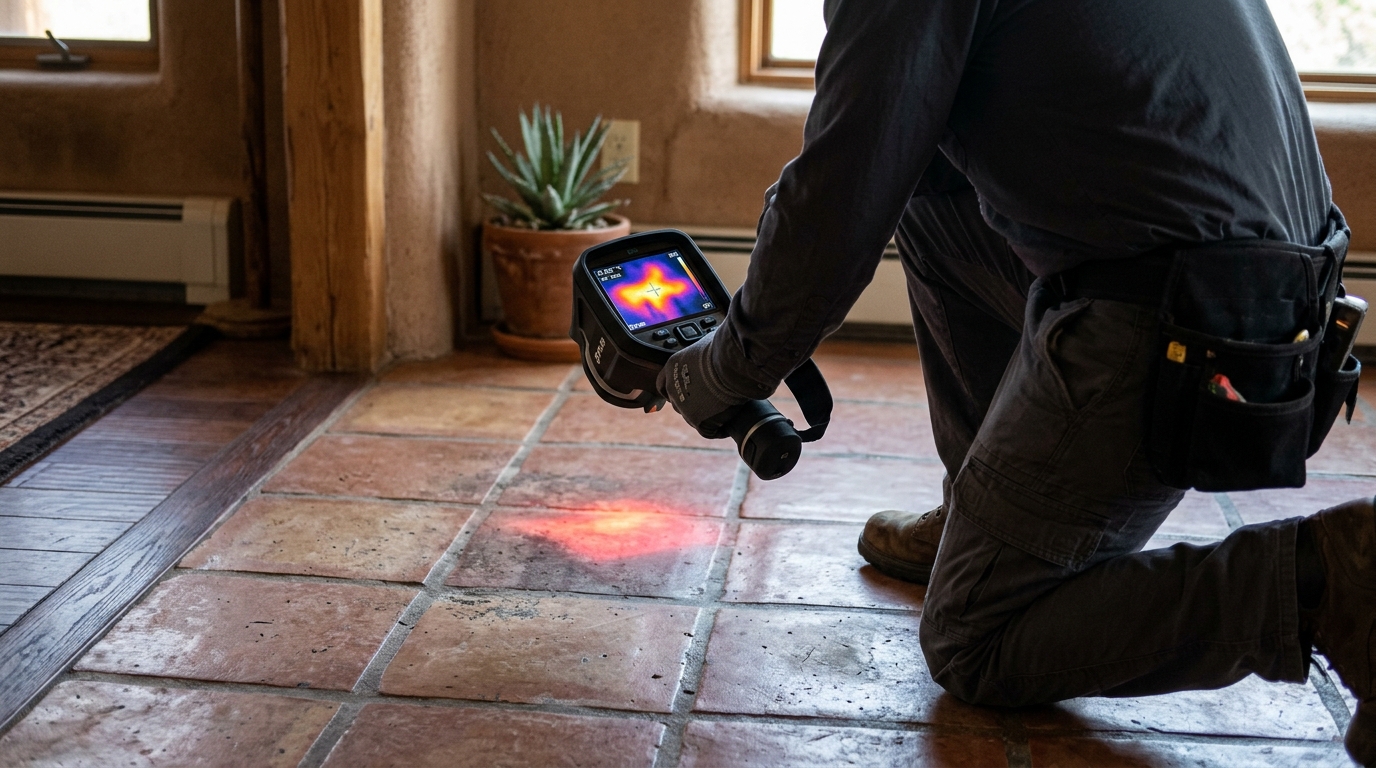 Thermal imaging of hot water slab leak showing heat plume on foundation in Hesperia
